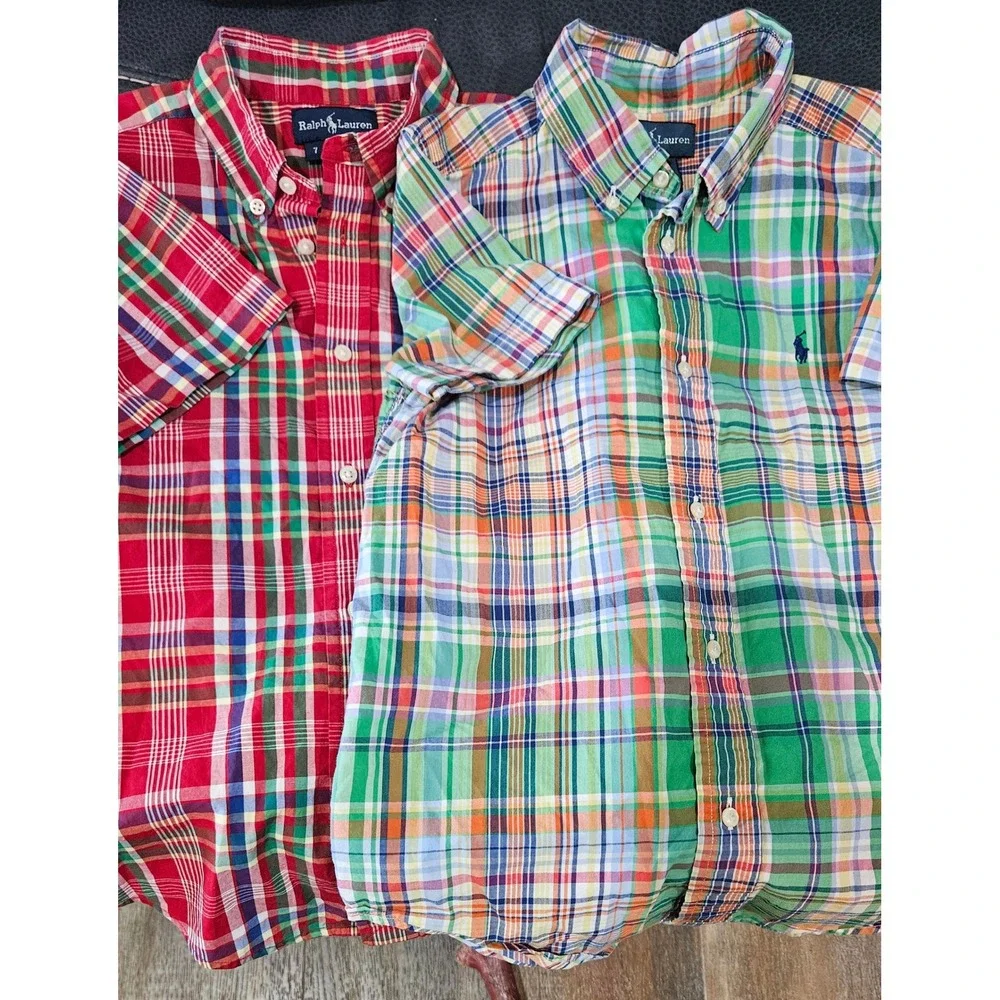 POLO Ralph Lauren Boys Plaid Button Down Shirts Short Sleeve Size 7 Red & Green